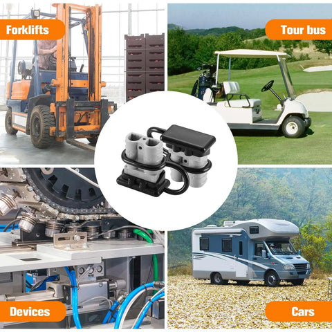 10 Pack 50 Amp Battery Quick Connect Disconnect Plug Kit displayed with forklifts, RV, golf cart, and industrial devices for use examples.