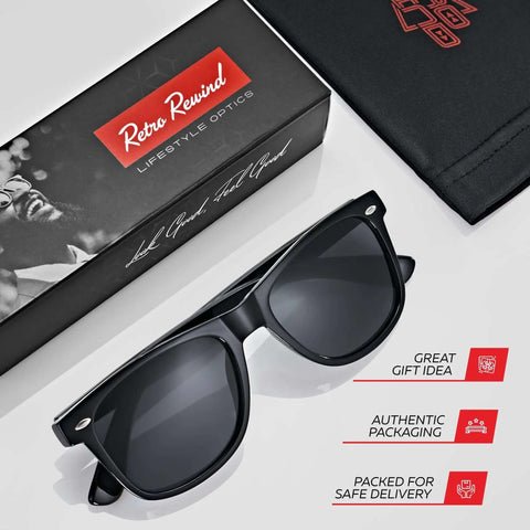 Gloss black polarized sunglasses next to Retro Rewind box, showcasing style and packaging. Polarized Sunglasses For Men And Women With UV400 Protection, Classic Vintage 80s Shades, Timeless Retro Eyewear For Sun Glare Shield, Everyday Cool Sunnies For Any Occasion.
