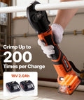 VEVOR 18V Cordless Electric PEX Pipe Press Crimping Tool in use on a pipe with two 18V 2.0Ah batteries visible.