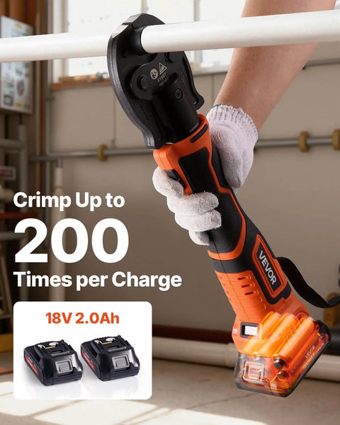 VEVOR 18V Cordless Electric PEX Pipe Press Crimping Tool in use on a pipe with two 18V 2.0Ah batteries visible.