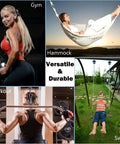 Collage of gym, hammock, workout, and swing showcasing versatile use of Stainless Steel Carabiners 304 Heavy Duty 2.36 Inch Rustproof Clips