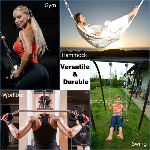 Collage of gym, hammock, workout, and swing showcasing versatile use of Stainless Steel Carabiners 304 Heavy Duty 2.36 Inch Rustproof Clips