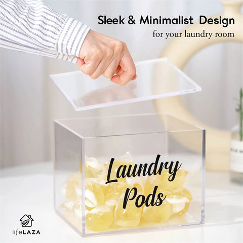 Person lifting lid of Premium Acrylic Laundry Pods Container With Lid Clear Pod Holder For Tide Pods And Detergent Capsules Storage Dispenser Jar For Easy Laundry Room Organization And Decor