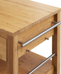 Total Kitchen Upgrade 48 Inch Bamboo Island Cart With Slick Rolling Wheels Double Drawer Units And Spacious Shelves Heavy Duty Wood Prep Table For Hella Easy Home Organization close-up of bamboo top and drawer.