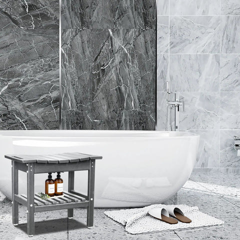HDPE Shower Bench With Space Saving Storage Shelf Inside Shower Stool For Bathroom Use, Durable Bath Chair For All Ages, Elderly Friendly, Grey, Large 19.3 By 11.8 By 17.3 Inches
