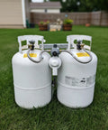 Two white propane tanks connected, suitable for Stainless Steel Braided RV Propane Hoses With Gauge 15 Inch Length Pack Of 2.