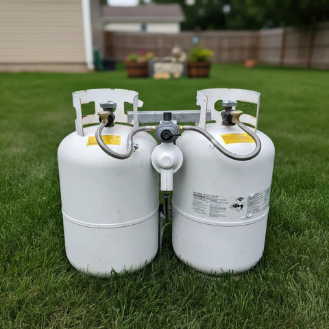 Two white propane tanks connected, suitable for Stainless Steel Braided RV Propane Hoses With Gauge 15 Inch Length Pack Of 2.