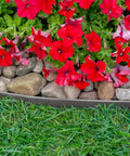 Heavy Duty No Dig Landscape Edging Kit 50 Foot Gray Plastic Edging bordering a flower bed with red flowers and stones