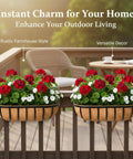 Big Time 24 Inch Window Box Railing Planter With Rock Solid Metal Build And Real Coco Coir Liner Made For Outdoor Deck Balcony Porch Fence And Patio Looks Black 2 Pack with red and white flowers on a railing.