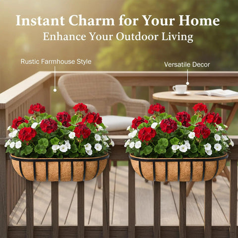 Big Time 24 Inch Window Box Railing Planter With Rock Solid Metal Build And Real Coco Coir Liner Made For Outdoor Deck Balcony Porch Fence And Patio Looks Black 2 Pack with red and white flowers on a railing.