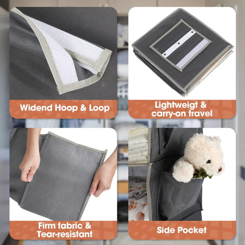 Four Pack Hanging Closet Organizers With Six Compartments And Two Side Pockets Each Collapsible Wide Dorm Shelf fabric details