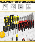 Wall Mounted Screwdriver Organizer Rack, Heavy Duty Steel Tool Holder With 28 Tool Capacity on garage wall with hand tools