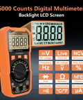 6000 Count Digital Multimeter With NCV LCD For AC And DC Voltage And Current, Resistance, Capacitance, Live Wire, Frequency, Temperature, Duty Cycle, Continuity And Diode Testing, orange handheld meter