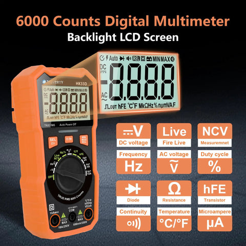 6000 Count Digital Multimeter With NCV LCD For AC And DC Voltage And Current, Resistance, Capacitance, Live Wire, Frequency, Temperature, Duty Cycle, Continuity And Diode Testing, orange handheld meter