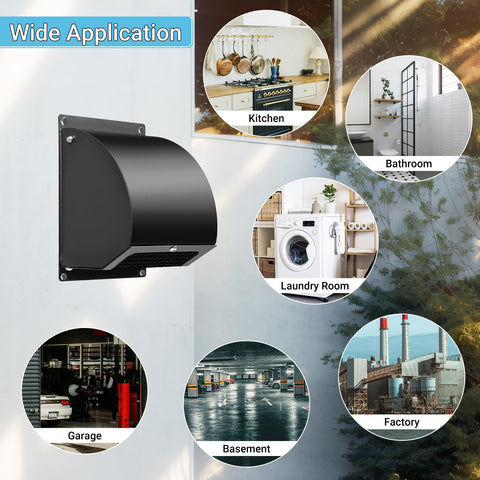 Heavy-Duty 4-Inch Dryer Vent Cover With Screen And Damper in various application settings like kitchen, bathroom, and garage.