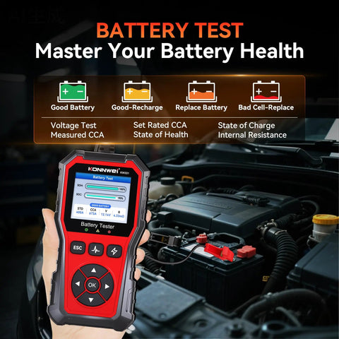Universal 6V 12V 24V Car Battery Tester With Cloud Report For Quick Health Check Voltage Readout Charge Status And Cranking And Charging System Diagnostics In One Handy Automotive Tool in hand, testing car battery