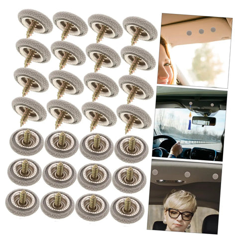 Roof Repair Kit For Car Headliner Rivet Buckle Set DIY Quick And Easy Install For Ceiling Fabric Repair Fits Most Cars SUVs Trucks And Vans Durable Interior Fix, showing rivet buckles and installation examples in car.