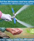 Heavy Duty 2 Way Garden Hose Splitter With Full Flow Y Valve And Long Handle, 304 Stainless Steel Lead Free 3/4 GHT Thread Water Splitter For Outdoor Hoses, Maximum Flow And Durable Build on lawn with water flow