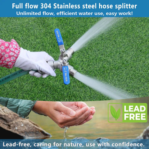 Heavy Duty 2 Way Garden Hose Splitter With Full Flow Y Valve And Long Handle, 304 Stainless Steel Lead Free 3/4 GHT Thread Water Splitter For Outdoor Hoses, Maximum Flow And Durable Build on lawn with water flow