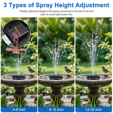 Three Solar Fountain Pump For Bird Bath With 3 Spray Height Adjustments showing different water heights with birds
