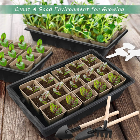 4 Pack Seed Starter Tray Kit With 120 Square Peat Pots, 120 Plant Labels, And 3 Garden Tools, Plastic Germination Trays With Lids For Indoor Outdoor Seedlings Black
