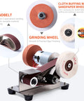 Super Slick Mini Belt Sander With Seven Adjustable Speed Settings For Knife Sharpening And Woodworking Or Light Metal Grinding No Fuss Compact Power Tool showing sandbelt and grinding wheel.