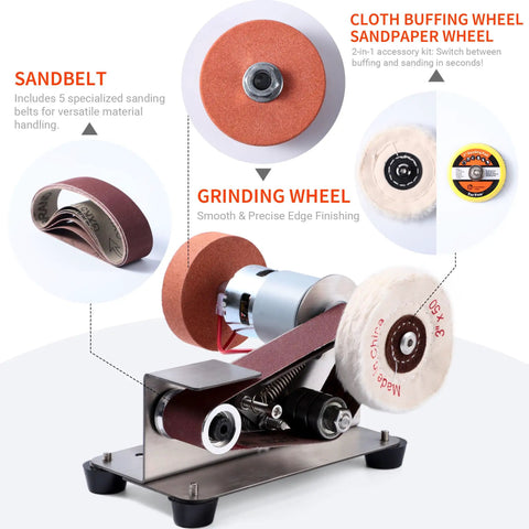 Super Slick Mini Belt Sander With Seven Adjustable Speed Settings For Knife Sharpening And Woodworking Or Light Metal Grinding No Fuss Compact Power Tool showing sandbelt and grinding wheel.