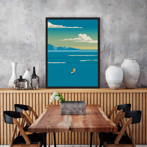 Framed Ocean Rowing Poster Canvas Print Art in modern dining room, minimalist decor, 16x24 retro framed, ready to hang