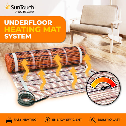Electric underfloor heating mat for tile stone wood laminate, 10 sq ft, 2x5 ft, 120V, easy rollout, in modern living room.