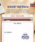 Rigid Cardboard Mailers 12x15 Inches 100 Pack Stay Flat Self Sealing Mailer Envelopes For Photos Artwork And Certificates Built Tough Protective Packaging For Flat Shipping shown with dimensions on desk.