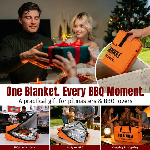 People using the Five Layer Insulated Meat Resting Blanket with Aluminum Foil Lining during a BBQ, featuring side pocket and zippers.