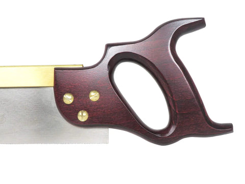 Heavy Duty 8 Inch Dovetail Saw With Stained Beech Handle showing detailed brass fittings and ergonomic grip.