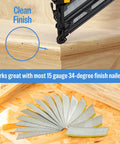15 Gauge Finish Nails Two And One Half Inch 34 Degree Angled Galvanized No Rust For Pneumatic Electric Finish Nailer DA Series 2400 Pack For DIYers Cabinet Crown Baseboard Door Trim in use with angled nailer, showcasing clean finish and open fan display of nails on wood surface.