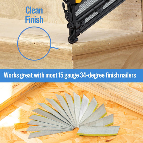 15 Gauge Finish Nails Two And One Half Inch 34 Degree Angled Galvanized No Rust For Pneumatic Electric Finish Nailer DA Series 2400 Pack For DIYers Cabinet Crown Baseboard Door Trim in use with angled nailer, showcasing clean finish and open fan display of nails on wood surface.