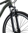 Close-up of All-Terrain Go-To Hybrid Bike With 700c Wheels 21-Speed Gearing Aluminum Frame Suspension Fork, front view.