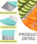 Two turquoise crinkle cutters for veggies with stainless steel deep-wave blades and ergonomic handles; front, side and close-up views.