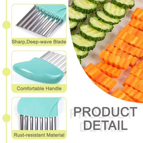 Two turquoise crinkle cutters for veggies with stainless steel deep-wave blades and ergonomic handles; front, side and close-up views.