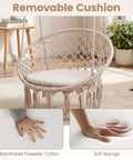 Beige Macrame Swing Chair With Round Seat Cushion, Indoor Outdoor Hanging Hammock Chair, Durable Polyester Cotton Ropes And Sturdy Metal Rings, Boho Vibe Patio Balcony Bedroom Swing, Two Point Or One Point Hanging, displayed with removable cushion in cozy room setting