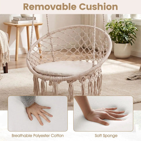 Beige Macrame Swing Chair With Round Seat Cushion, Indoor Outdoor Hanging Hammock Chair, Durable Polyester Cotton Ropes And Sturdy Metal Rings, Boho Vibe Patio Balcony Bedroom Swing, Two Point Or One Point Hanging, displayed with removable cushion in cozy room setting