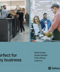 Retail and supermarket environments with people interacting at counter and checkout, promoting "Perfect for any business" text.