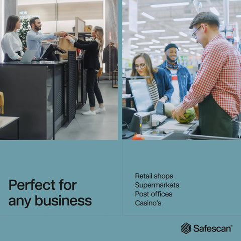 Retail and supermarket environments with people interacting at counter and checkout, promoting "Perfect for any business" text.