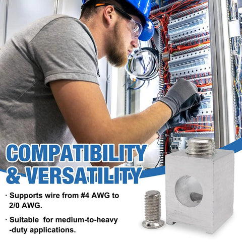Electrician working on panel with Four Piece Neutral Lug Kit With 4-2/0 Aluminum Ground Lugs for wiring connections, high conductivity.