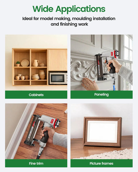 Image showing heavy duty 23 gauge pneumatic pin nailer kit used for cabinets, trim, and picture frames in woodworking.
