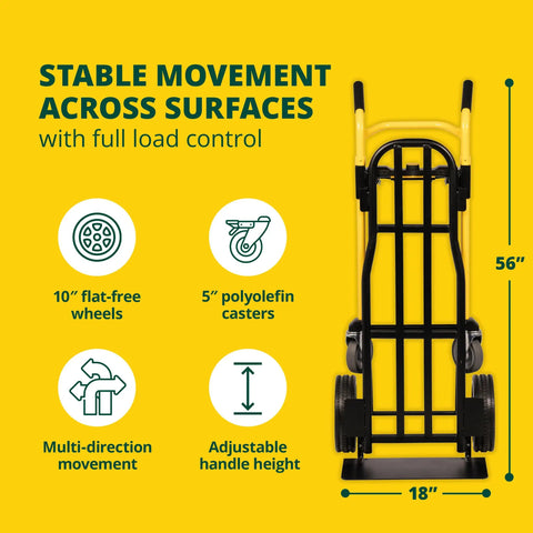 Kwik Shift Five In One Convertible Hand Truck 1000 Pound Capacity Steel Dolly and Cart front view, dimensions shown