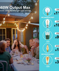 Outdoor String Light Dimmer Plug 560W With Daily Timer And Memory in use at night, patio setting with string lights above a dining table.