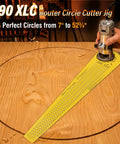 Top Shelf Circle Cutting Jig For Compact And Cordless Routers featuring clean circle cutting on wood with bright yellow guide.
