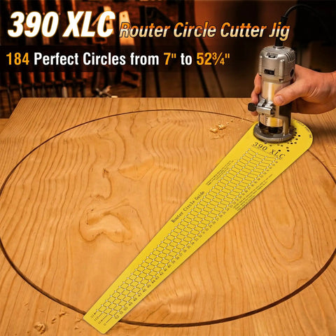 Top Shelf Circle Cutting Jig For Compact And Cordless Routers featuring clean circle cutting on wood with bright yellow guide.