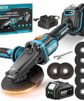 Flathead Brushless Cordless Angle Grinder Kit with Five Amp Hour Battery and Fast Charger, 21V, 6-speed control, tools