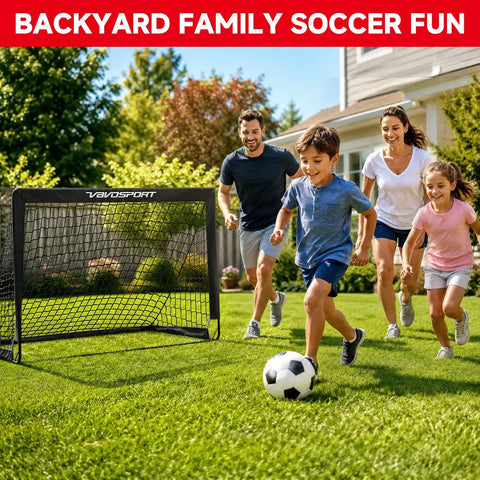 Family playing soccer in yard with Two Pack 4x3 Feet Kids Soccer Goals For Backyard Portable Pop Up Nets With Targets