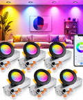 2 Inch Smart LED Recessed Lighting, 5W RGB Color Changing WiFi Downlight displayed in a stylish interior living room with colorful ambient lighting.